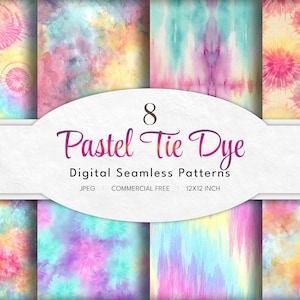 Könnte beinhalten: Acht digitale nahtlose Muster mit Pastell-Tie-Dye-Designs in Rosa-, Blau-, Gelb- und Lilatönen. Die Muster sind 30,48 x 30,48 cm groß und kommerziell frei. Der Text "Pastel Tie Dye" wird in kursiver Schrift angezeigt.