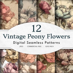 Puede incluir: Doce patrones digitales sin costuras con flores de peonías vintage en varios colores, incluyendo rosa, amarillo y crema. Los patrones se muestran en una cuadrícula, con el texto "12 Vintage Peony Flowers Digital Seamless Patterns" en la parte superior.