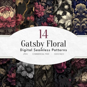 Peut inclure: Une collection de 14 motifs numériques sans couture avec des motifs floraux de différentes couleurs, dont le rouge, le rose et le vert. Les motifs sont affichés dans une grille, avec le texte "Gatsby Floral" et d'autres détails au centre.