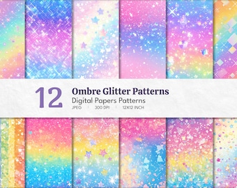 Ombre Glitter Digital Paper: Rainbow Sparkle Seamless Patterns (Digital Download)