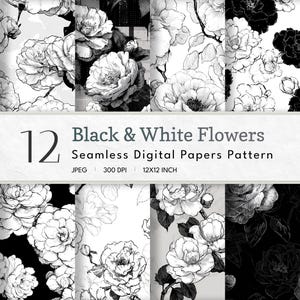 Black & White Flowers Digital Paper | Seamless Patterns | Floral Background Paper | Contrast | Instant Download | Scrapbook