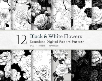 Black & White Flowers Digital Paper | Seamless Patterns | Floral Background Paper | Contrast | Instant Download | Scrapbook