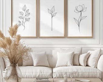 Minimalist Flower Line Art Prints: Set of 3, Modern Home Decor (Instant Download)