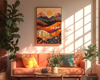 Boho Mountain Sunset Art Print: Earth Tones Wildflower Landscape (Digital Download)