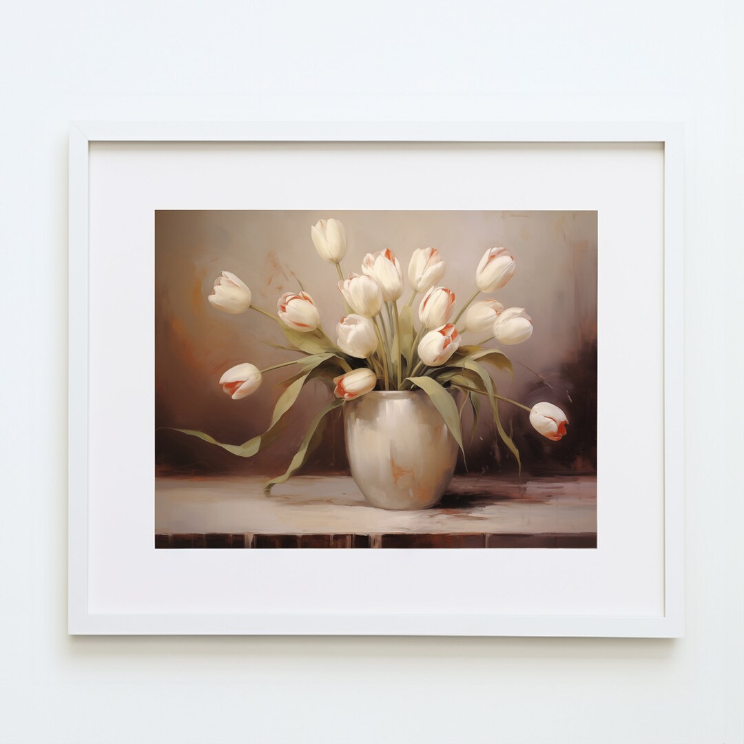 Tulip Bouquet Flower Oil Painting, Vintage Moody Art Print, Floral Wall ...