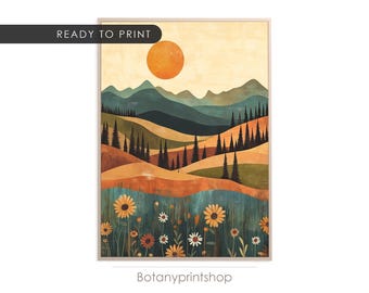 Boho Mountain Sunset Art Print: Wildflower Landscape (Digital Download)