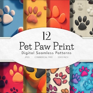 May include: A collection of 12 digital seamless patterns featuring pet paw prints in various colors and styles. The patterns are displayed in a grid, showcasing a variety of designs, including watercolor and graphic illustrations. The text "Pet Paw Print" is displayed.