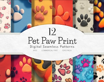 Pet Paw Print Seamless Patterns – 12 Colorful Dog & Cat Paw Digital Paper (12x12") | Instant Download | Scrapbook DIY | Commercial Free