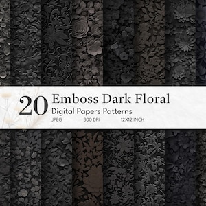 Elegant Dark Floral Digital Paper | Commercial Use | Emboss Black Flower Backgrounds | Printable Paper Set | Scrapbooking Paper | Diy
