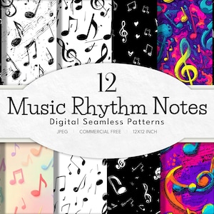 May include: A set of 12 digital seamless patterns showcasing musical notes and symbols. The patterns feature diverse colour schemes, including monochrome and vivid, colourful designs. The text "Music Rhythm Notes" is displayed.