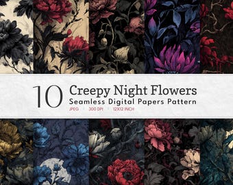 Dark Floral Digital Paper: Seamless Moody Botanical Patterns (Instant Download, 12x12in JPEG, Commercial Use)