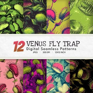 May include: A selection of 12 digital seamless patterns showcasing Venus flytraps in diverse colours. The patterns feature vivid pink, green, and yellow flytraps against various backgrounds. The text reads "12 VENUS FLY TRAP Digital Seamless Patterns".