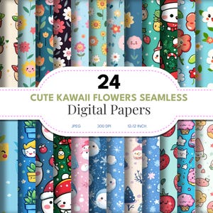 24 Cute Kawaii Flowers Digital Paper | Seamless Digital Patterns | Cute Colorful Floral Prints | Instant Download | Scrapbook