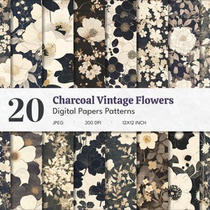 Vintage Charcoal Floral Digital Paper | Wzory bezszwowe | Neutralne tło botaniczne w stylu japońskim | Kontrast | Natychmiastowe pobranie | Album ze zdjęciami