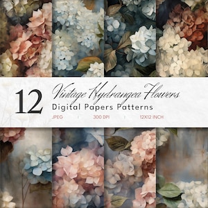 Könnte beinhalten: Zwölf digitale Papiermuster mit Vintage-Hortensienblüten in Blau-, Rosa- und Weißtönen. Die Muster sind 30,5 x 30,5 cm groß und haben 300 DPI.
