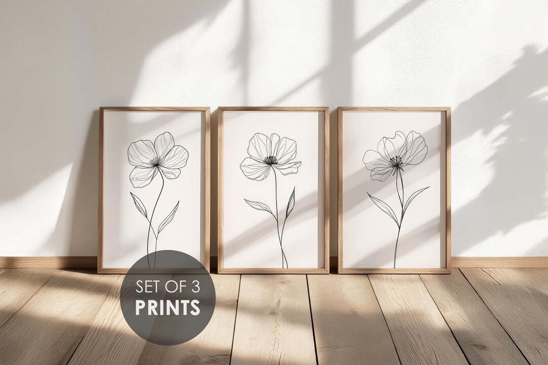Flower Line Art Prints: Set of 3 Minimalist Floral Prints (digital ...