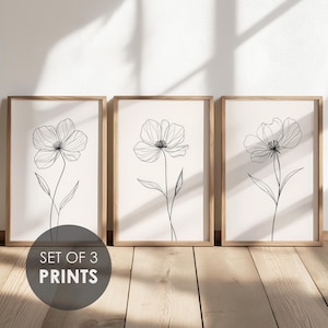 Set Of 3 Prints Flower Line Art Prints | Minimalist Modern | Living Room Home Decor | Printable Art | Instant Download