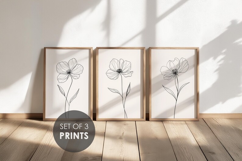 Flower Line Art Prints: Set of 3 Minimalist Floral Prints (digital ...