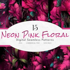 Digitalt papper med neonrosa blommor | 15 knallrosa blommönster | Djärva sömlösa bakgrunder (direkt nedladdning, kommersiellt gratis)