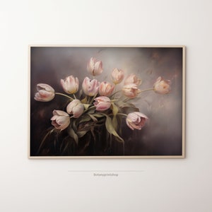 Flower Art Oil Painting Print, Vintage Moody Art Print, Tulip  Floral Wall Art Digital Download