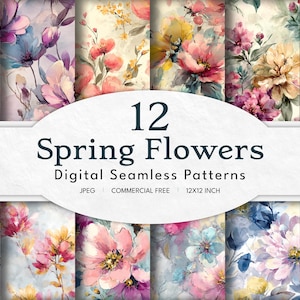 May include: A collection of 12 digital seamless patterns featuring watercolor floral designs. The patterns showcase a variety of spring flowers in shades of pink, purple, yellow, and blue. The text "12 Spring Flowers Digital Seamless Patterns" is displayed.
