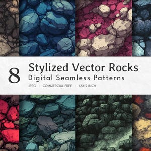 May include: Eight digital seamless patterns featuring stylized vector rock designs. The patterns include various color schemes, such as gray, blue, red, and green. The patterns are 12x12 inches.