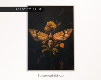 Skull Death Moth Flower Print, Dark Moody Academia, Witchy Goth Floral Wall Art, Botanical Forestcore Goth Print, Instant Downloadable Print