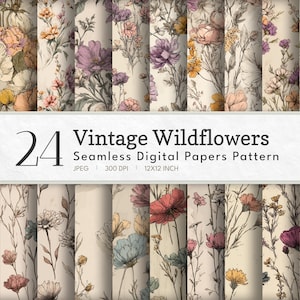 Könnte beinhalten: Eine Sammlung von 24 nahtlosen digitalen Papieren mit Vintage-Wildblumen. Die Papiere zeigen verschiedene Blumenmuster in Pastellfarben, darunter Rosa, Lila, Gelb und Blau, auf cremefarbenem Hintergrund. Der Text lautet "24 Vintage Wildflowers Seamless Digital Papers Pattern 12x12 inch".