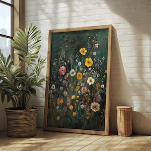 Printable Floral Vintage Wildflower Oil Painting | Botanical Moody Wall Art | Dark Academia Decor | Antique Print | Instant Digital Art