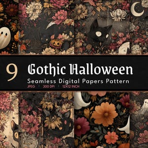 Puede incluir: Nueve papeles digitales sin costuras con temática de Halloween gótico. Los patrones presentan arreglos florales, gatos negros, fantasmas y calabazas en una paleta de colores oscuros. El texto "Gothic Halloween" se muestra en una pancarta negra.
