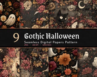 Carta digitale floreale gotica scura: motivi di Halloween senza soluzione di continuità (12 x 12 pollici, JPEG, 300 dpi) (download immediato)