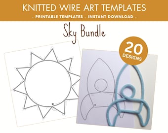 May include: Image of "Sky Bundle" knitted wire art templates. The image shows two templates: a sun and a rocket. A blue knitted wire rocket is displayed on the right. The text "20 Designs" is in a circle. The top banner reads "Knitted Wire Art Templates".
