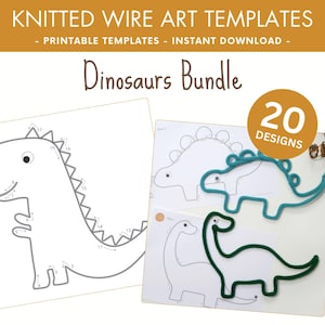 Puede incluir: Plantillas imprimibles para proyectos de arte de alambre tejido con 20 diseños de dinosaurios. Los diseños incluyen un T-Rex, un estegosaurio y un braquiosaurio.