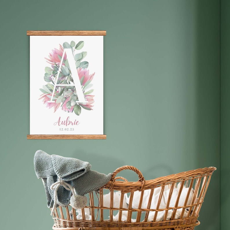 Australian nature flowers custom poster for nursery and kids room, botanic calligraphy wall art, personalised digital poster image 2