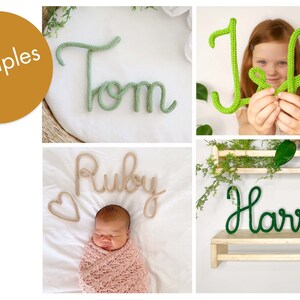 May include: Examples of crochet name signs in various colours. The names are in a cursive font. One sign is green and says "Tom", another is green and says "Ika", a third is tan and says "Ruby", and the last is green and says "Harriet".