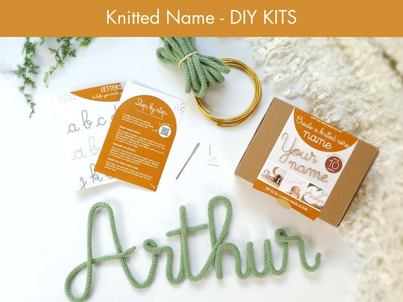 knitted name  kit - Knitted wire sign DIY KIT - craft activity - tutorial explanation - wire sign - knitted name step by step and supplies