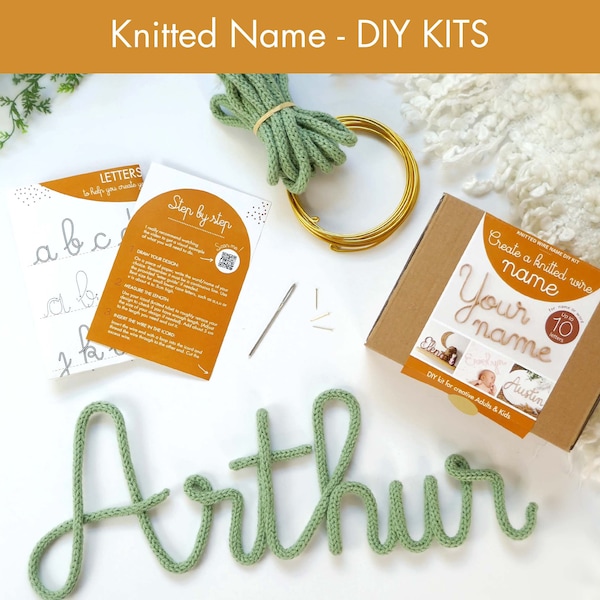 Knitted wire sign DIY KIT - craft activity - tutorial explanation and supplies - wire sign - knitted name step by step - knitted decor