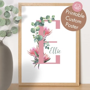 Australian nature flowers custom poster for nursery and kids room, botanic calligraphy wall art, personalised digital poster