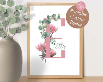 Poster personalizzato con fiori naturali australiani per la cameretta dei bambini e la camera dei bambini, arte murale con calligrafia botanica, poster digitale personalizzato