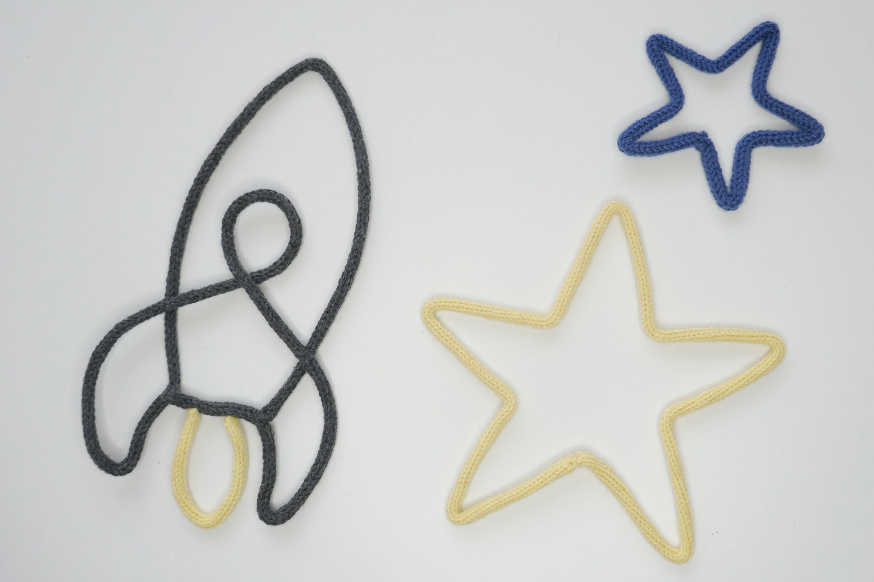 Rocket & Rocket + Stars Set - French Knitted Shape -Wall Hanger 34 Colours Nursery Decor Baby Gift B