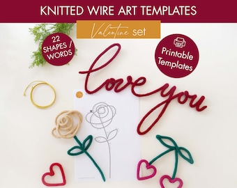 May include: A Valentine's Day themed craft kit featuring knitted wire art templates. Includes the words "love you" in red, a rose, cherries, and a heart. The kit also includes a gold wire coil and a printable template.