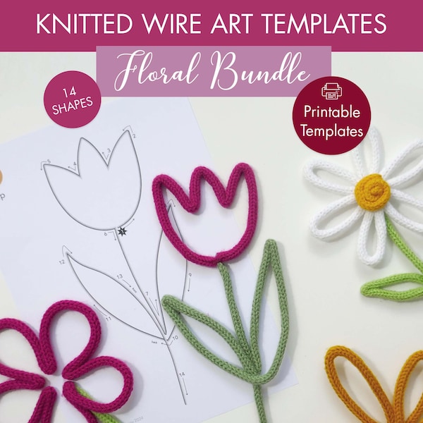 floral bundle template - printable template for wire art - botanical - flowers - leaves -  shape template tricotin - french knitting