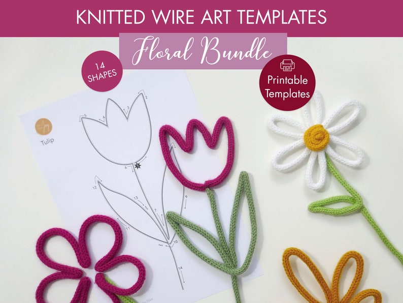 modello di pacchetto floreale modello stampabile per wire art botanico fiori foglie modello di forma tricotin maglia francese immagine 1