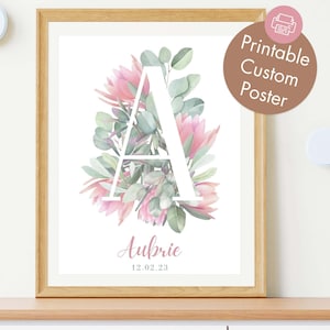 Australian nature flowers custom poster for nursery and kids room, botanic calligraphy wall art, personalised digital poster image 1