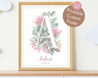 Australian nature flowers custom poster for nursery and kids room, botanic calligraphy wall art, personalized digital poster