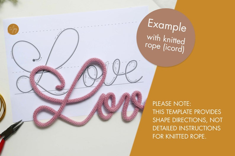 May include: A printable template for creating a knitted rope word art project. The template shows the word "love" in cursive with numbered arrows indicating the direction of the rope. An example of the finished project is shown with pink knitted rope.