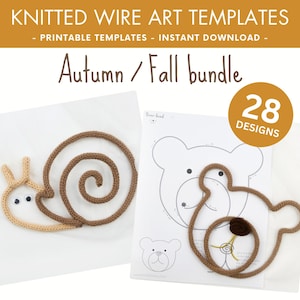 Peut inclure: Modèles imprimables pour des projets d'art en fil de fer tricoté. L'image montre deux motifs : un escargot et un ours. Le texte "Autumn/Fall bundle" et "28 Designs" est visible.