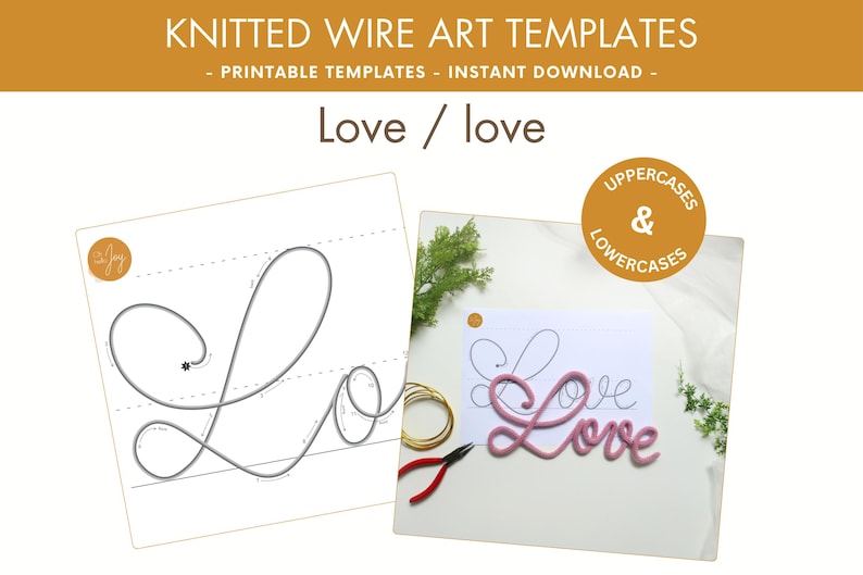 May include: Printable template for creating a wire art sculpture of the word "Love" in both uppercase and lowercase letters. The template shows the wire path for each letter.