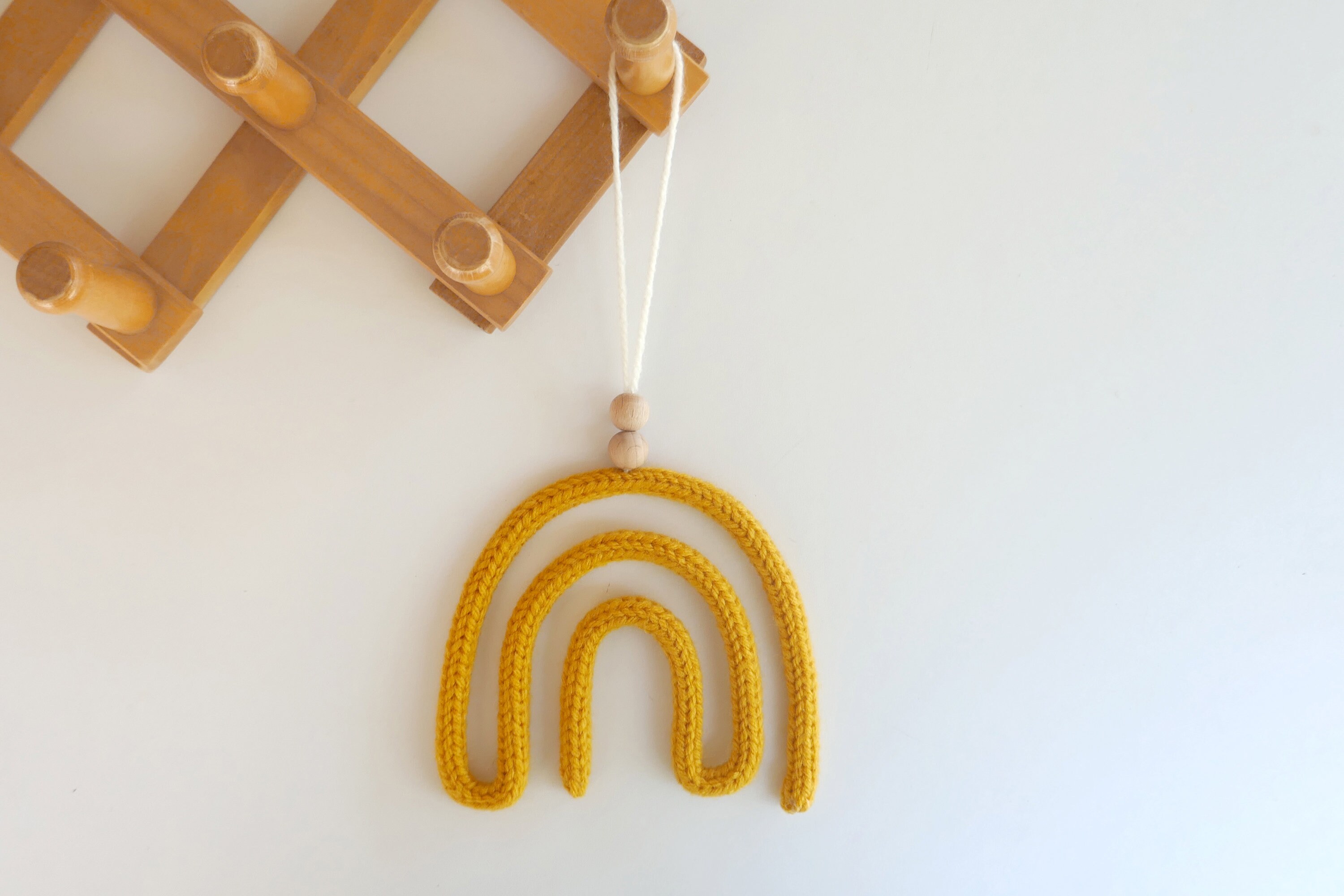 Mini Rainbow With Wooden Beads - Knitted Wire Rainbow Shape-Wall Hanger 34 Colours Nursery Decor Bab