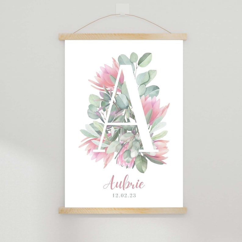 Australian nature flowers custom poster for nursery and kids room, botanic calligraphy wall art, personalised digital poster image 5